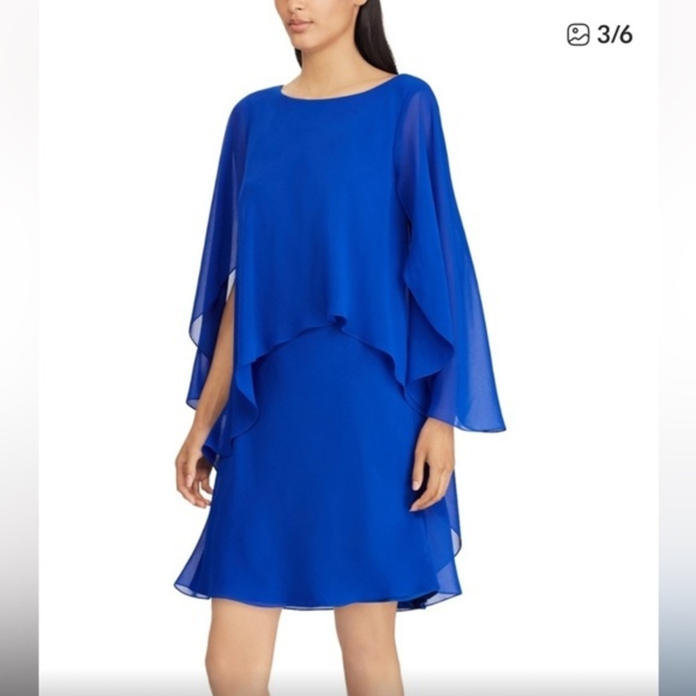 Ralph Lauren Blue Sheath Dress, Flutter Sleeves & Cape-let Overlay Sz 6 Ret $145